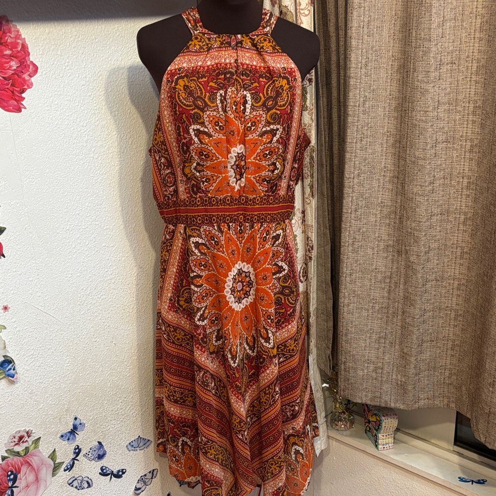 Sandra Darren vibrant orange and brown halter asymmetrical floral dress. Size 16